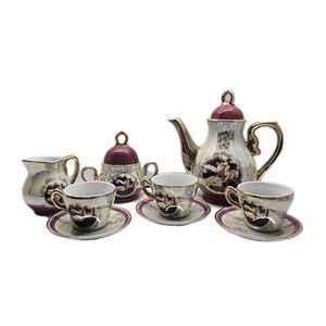 Vintage Chinese 9 Piece Porcelain Lusterware Tea Set Cherubs Iridescent